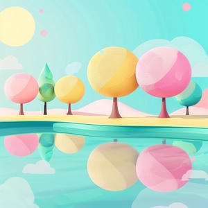 pink,yellow,abd green big round furry cute trees,green landscape with sky blue and white atmosphere sunshine reflecting on the lake,presented in a flat illustration style,spring atmosphere adopting a Korean illustration approach,surreal and cartoonish elrments,digitally enhanced for vibrancy