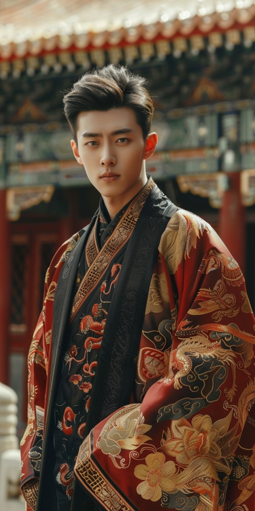 一位英俊帅气的中国小伙子，身穿汉服，背景各种宫殿阁楼