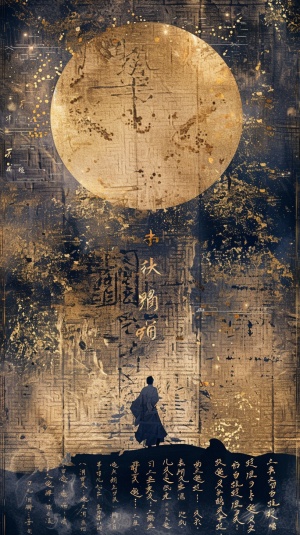 A huge gilded brush takes up 50% of the space of the picture , floating Chinese characters , golden tones , a tiny mysterious figure standing on the scroll , the stars are brilliant , dazzling light and shadow , ultra - fine details , memorial murals , Meticulous brushwork style