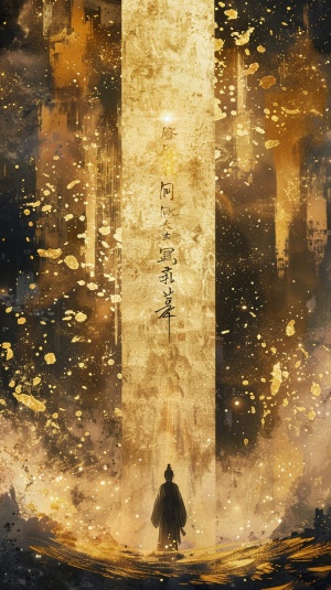 A huge gilded brush takes up 50% of the space of the picture , floating Chinese characters , golden tones , a tiny mysterious figure standing on the scroll , the stars are brilliant , dazzling light and shadow , ultra - fine details , memorial murals , Meticulous brushwork style