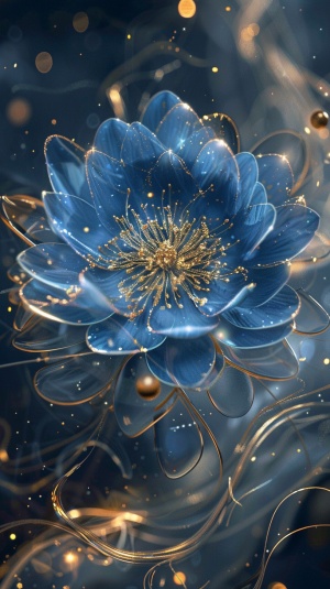 A blue flower with gold accents, surrounded by swirling mist and shimmering light effects. In the style of ethereal photorealistic, luminous reflections with digital art techniques and translucent watercolor washes. Detailed character design in a fantasy-inspired style. ar 103:128