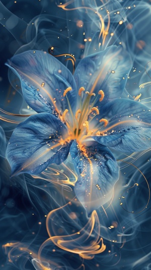 A blue flower with gold accents, surrounded by swirling mist and shimmering light effects. In the style of ethereal photorealistic, luminous reflections with digital art techniques and translucent watercolor washes. Detailed character design in a fantasy-inspired style. ar 103:128
