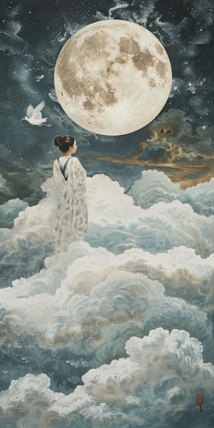 一朵云，一片天空，一位青衣女子坐在这朵云上，左肩上，野鹤一只