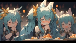 masterpiece,best quality,highly detailed,wallpaper,colorful,halo,hair_ornament,earrings,elbow_gloves,robe,princess athena,goat girl,crying aqua (meme),barefoot,very long hair,gradient hair,wavy hair,hand on own face,butterfly sitting,black background,genshin impact,food art,nekomusume,1girl