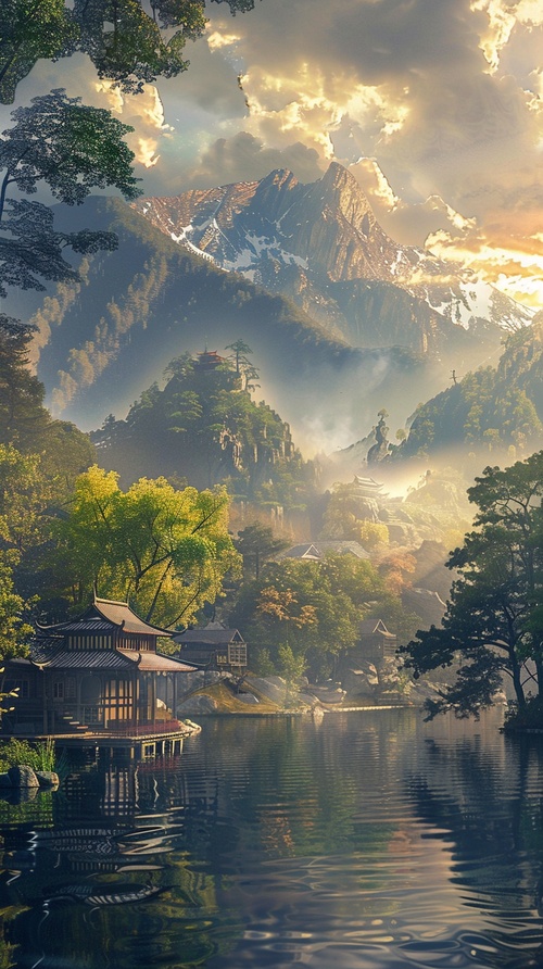 no_humans,scenery,outdoors,sky,tree,mountain,cloud,nature,water,lake,reflection,forest,east_asian_architecture,sun,architecture,river,house,sunlight