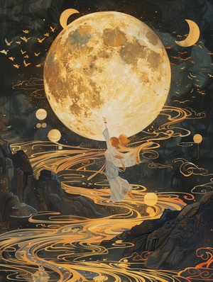 月神的人Prompt：A whimsical illustration of the moon, bathed in golden light and surrounded by swirling patterns. A white boy in a Chinese dress levitates in the air,The background is an enchanted forest with mystical creatures flying around it. A river flows under the full moon sky, reflecting its glow on the water's surface. In the style of Hayao Miyazaki. ar 3:4一个小红书博主给的灵感，用的他的咒语做了些改动。生成大约10组图，就用了一张垫图，后续全靠一致性生成。#灵性成长 #每日艺术分享 #灵感 #ai绘画 #midjourney关键词 #midjourney咒语#壁纸