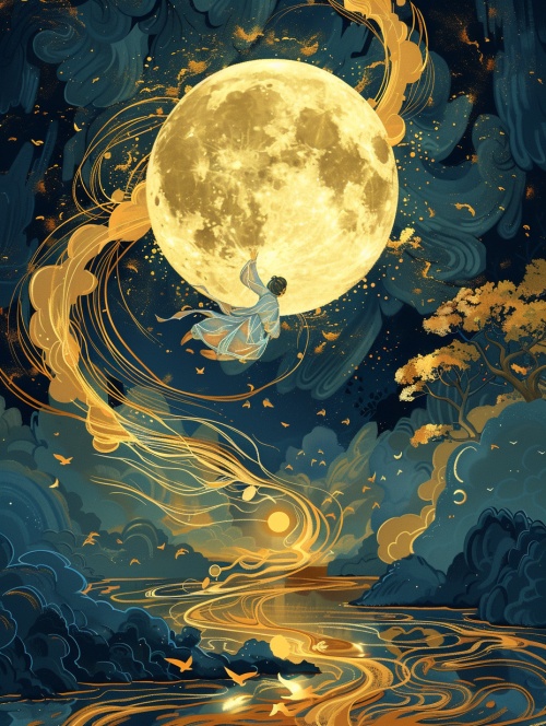 独坐静亭观湖景Prompt：A whimsical illustration of the moon, bathed in golden light and surrounded by swirling patterns. A white boy in a Chinese dress levitates in the air,The background is an enchanted forest with mystical creatures flying around it. A river flows under the full moon sky, reflecting its glow on the water's surface. In the style of Hayao Miyazaki. ar 59：128可以用我第一张图去垫图，目前风格是统一的，后三张用的是第一张的参考。#ai绘画 #midjourney关键词 #midjourney咒语 #每日艺术分享 #壁纸 #每日壁纸推荐 #风景