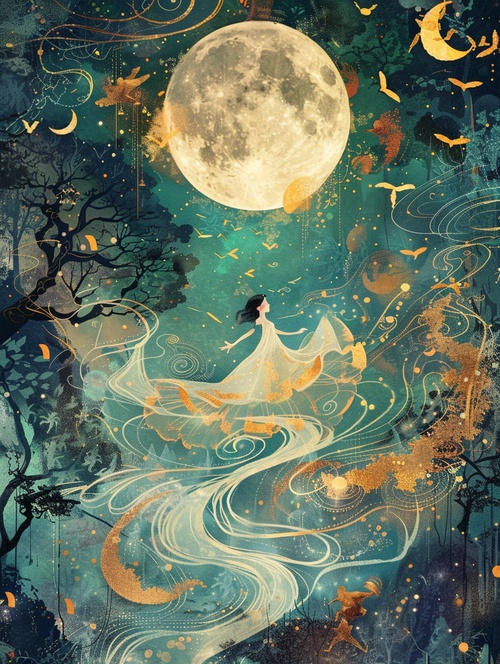 独坐静亭观湖景Prompt：A whimsical illustration of the moon, bathed in golden light and surrounded by swirling patterns. A white boy in a Chinese dress levitates in the air,The background is an enchanted forest with mystical creatures flying around it. A river flows under the full moon sky, reflecting its glow on the water's surface. In the style of Hayao Miyazaki. ar 59：128可以用我第一张图去垫图，目前风格是统一的，后三张用的是第一张的参考。#ai绘画 #midjourney关键词 #midjourney咒语 #每日艺术分享 #壁纸 #每日壁纸推荐 #风景