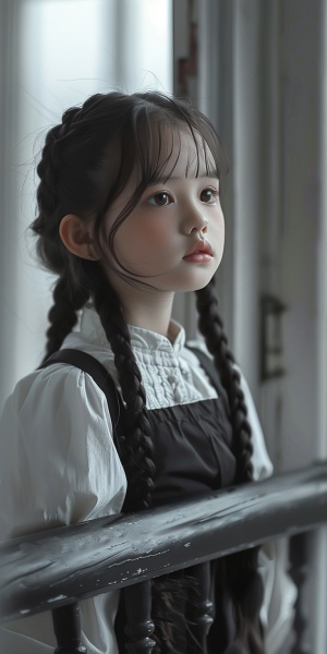 阳台上，一个小女孩（长黑头发，扎着两个辫子，白色衬衫，黑色吊带裙：2），眺望，发呆，抿嘴唇，（上半身照），