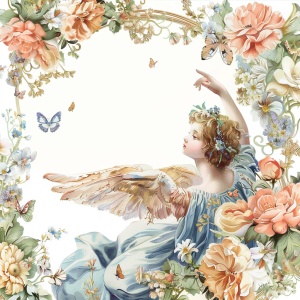 欧式复古天使和花卉蝴蝶主题 白底 插画风格