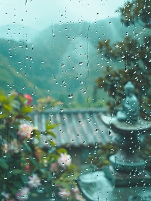 绵绵细雨、清晨的雾气、雨滴跳跃、湿漉漉的大地、雨丝飘扬、闪电与雷鸣、阴霾的天空、雨帘垂挂、雨水滋润着万物、雨后清新的空气、湿润花朵的芳香、雨水滴在窗户上、雨中行走的行人、倾盆大雨、雨水敲在屋顶上、流淌的小溪、雨水洒在树叶上、童年时光的雨天玩耍、雨伞在街上穿梭、远处的彩虹、雨中静谧的美景、雨水落在河面上、雨声敲打窗户，窗户间有一尊菩萨陶瓷像