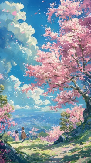 Miyazaki Hayao animation style, ten miles of cherry blossoms in full bloom, fantasy, sparkling