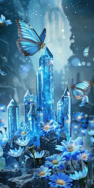 冰蓝冰蓝冰蓝冰蓝冰蓝，蓝色太阳水，海蓝宝水晶做成的梦幻城堡，蝴蝶，灵性蓝色的梦幻世界