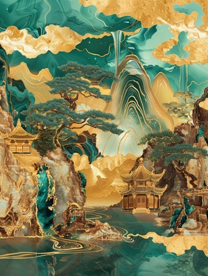 chinese fantasy landscape, kintsugi, golden - blue - green mountain with pavilions and trees , gilding , flowing liquid gold, made of Jade, gold, amazonite, labradorite, turquenite, malachite and zoisite mineral marble texture, wallpaper chaos 10 ar 2:3 stylize 250 v 6.0 style raw #人工智能艺术 #我和AI有话说 #生成艺术 #AI生成 #文创设计 #文创 #灵感设计 #灵感 #每日艺术分享 #设计 #mj关键词 #midjourney #midjourney关键词 #midjourney学习 #ai绘画 #ai中国奇幻风景，金 - 蓝色 - 绿色的山与亭台楼阁和树木，镀金，流动的液态黄金，由玉石，黄金，天河石，拉长石，土耳其石，孔雀石和黝帘石矿物大理石纹理制成，墙纸 混沌 10 AR 2：3 风格化 250 V 6.0 风格原始 