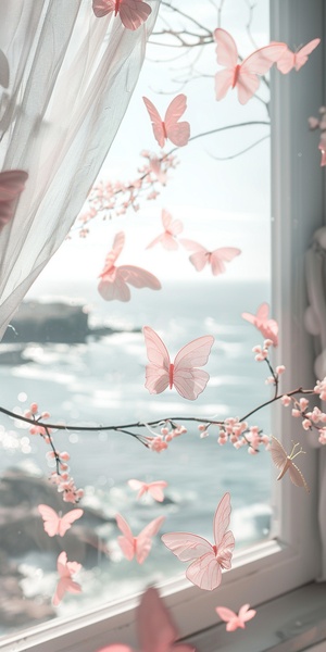 A white window with light pink butterflies flying out of it, looking at the sea outside the glass. white gauze curtain fluttering in the wind, dreamy and beautiful, light pink and light gray style, beach scene, close up, high definition photography, romantic atmosphere, beach scenery with a dreamy background and blurred focus s 250 v 6.0