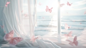 A white window with light pink butterflies flying out of it, looking at the sea outside the glass. white gauze curtain fluttering in the wind, dreamy and beautiful, light pink and light gray style, beach scene, close up, high definition photography, romantic atmosphere, beach scenery with a dreamy background and blurred focus s 250 v 6.0