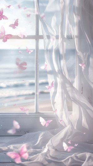 A white window with light pink butterflies flying out of it, looking at the sea outside the glass. white gauze curtain fluttering in the wind, dreamy and beautiful, light pink and light gray style, beach scene, close up, high definition photography, romantic atmosphere, beach scenery with a dreamy background and blurred focus s 250 v 6.0