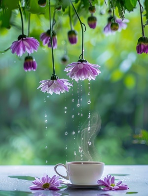 花朵从花枝上垂下,紫色的菊花从上方垂落,形成水珠在空杯前的热气腾腾的茶中。背景是模糊的绿色植物和天空。非常美丽。简单的构图,高清晰度的摄影,自然光,浅景深,花瓣上的水滴落入杯中。