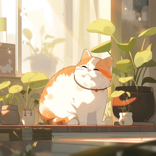 一只可爱胖胖的毛茸茸小猫白色＋橙色的毛发，全身，室内，春天，长焦镜头，全身镜头，柔和光线