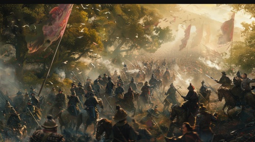 画面中描绘了吴军奋勇向前，冲破树林，与蜀军展开激烈的战斗。
