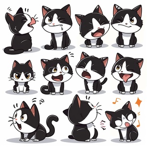 the various expressions of the cat, multiple pose and expressions , as an illustration set , with bold comic lines , cute style , dynamic pose , light background , f 64 group , related Personality , Vector graphics s 250 style cute niji 5