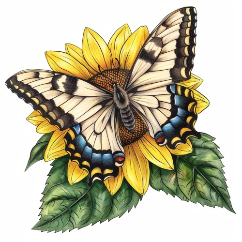 蝴蝶上面有向日葵 白底 插画风格