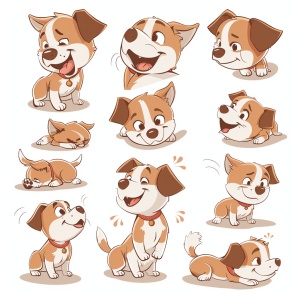 the various expressions of the dog, multiple pose and expressions , as an illustration set , with bold comic lines , cute style , dynamic pose , light background , f 64 group , related Personality , Vector graphics s 250 style cute niji 5