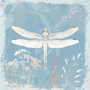白底，蜻蜓飞舞，复古插画
