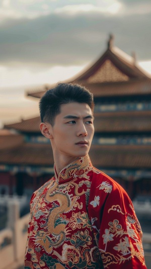 一位英俊帅气的中国小伙子，身穿汉服，背景各种宫殿阁楼