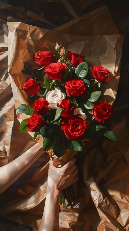 手拿着一束深红色的玫瑰、白色和粉色的阿尔汉布拉花用棕色纸包着，这张照片是从上面拍摄的,与眼睛水平,自然光照明