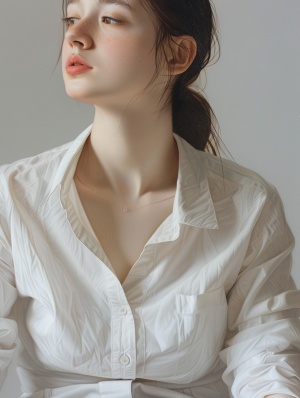 a close up of a woman in a white shirt and grey pants, by Russell Dongjun Lu, fully clothed. by Xia Yong, in white clothes, realistic. cheng yi, wenfei ye, inspired by Yanjun Cheng, photo of slim girl model, inspired by Russell Dongjun Lu, by Kim Eung-hwan, a photorealistic painting