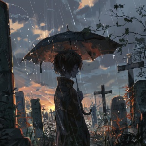 一位少年撑着一把黑伞，天上下着雨，站在一座无名墓碑前
