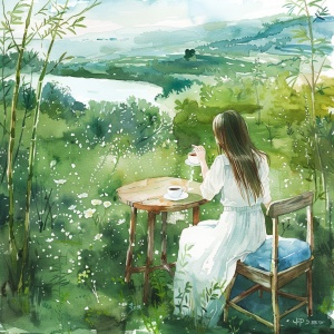 一个穿着白色衣服的女子坐在户外的木椅上,她拿着茶具,一边坐在小圆桌子旁倒咖啡进自己的杯子,而蓝色的垫子就放在桌子的旁边。背景是绿油油的草地,周围还有野花,营造出一种宁静的氛围。从一些竹林中可以看见一个湖。以水彩画家的风格,带有儿童书籍插画的真实而又浪漫的风格。柔和的色彩。描绘出一个具有孩子般纯真的斯堪的纳维亚乡村。以约翰·克拉斯森的风格,并受到新艺术运动的影响。