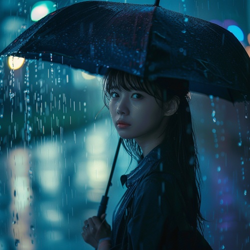 A young Asian woman stands in the rain, holding an umbrella. The rain is falling intermittently