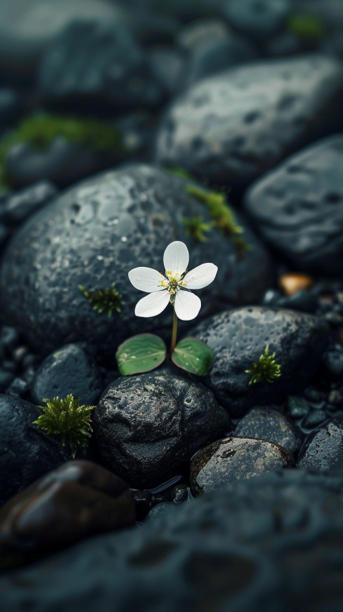 A small white flower growing between two rocks in the mossy riverbed, fantasy, magical, dreamlike, with a soft focus and blurred background, dark grey pebbles and stones around it, beautiful, ethereal, surrealistic, in the style of photorealism, with an ultra high resolution, cinematic. ar 81:128