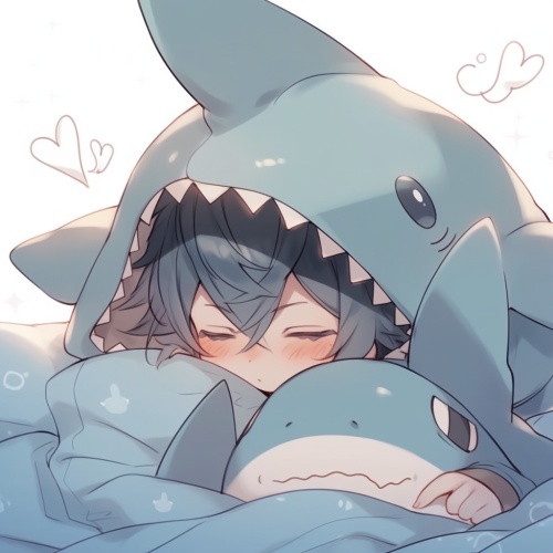 一个男的小鲨鱼，抱着抱枕若有所思。可爱