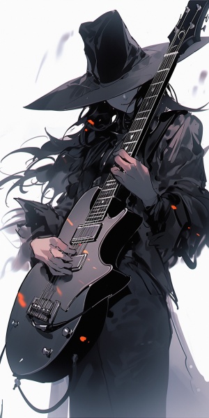 大檐帽，看不清脸，黑色衣服和裤子，背后有一把电吉他