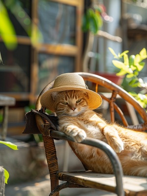 一只可爱的黄色猫猫戴着帽子躺在椅子上，挎肩包，大街上，4k，大师杰作，超真实 ，高速摄影，极特写，低角度，焦外成像，阳光充足