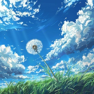 一只超大的白色超清蒲公英，蓝天白云，一片绿色的草地