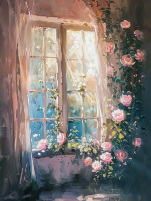 浪漫油画系列🌸油画的氛围感真的好棒！这种光影的感觉真的太爱了喜欢的宝子快快练习起来吧✅练习咒语：Oil Painting , a painting of a window with roses, flowers and a window seat, in the style of romantic soft focus and ethereal light, flowing draperies, salon kei, luminous palette, light - filled seascapes, 32k uhd, les nabis q 2 s 250 ar 3:4 v 5.1#画画的日常 #AI插画 #艺术插画 #我和AI有话说 #AI画图 #艺术家 #midjourney #midjourney关键词 #midjourney学习 #midjourney练习 #艺术欣赏 #数字油画 #油画风景 #浪漫生活的记录者 @艺术薯