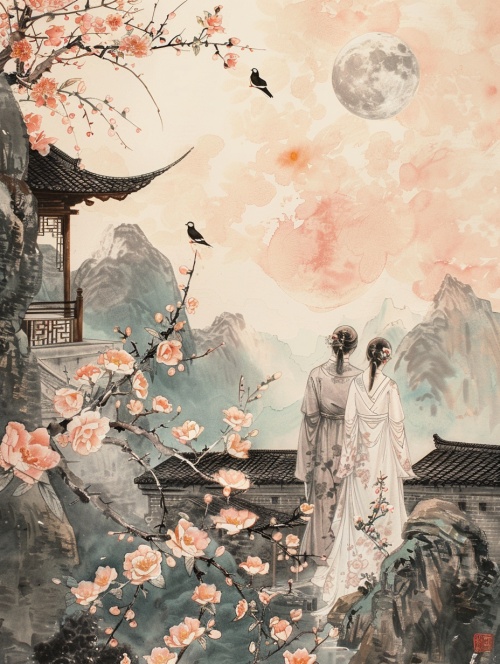 浪漫国风中国风的浪漫：During the day, A couple enjoys flowers in a Chinese courtyard, which is wrapped in huge roses, exaggerated,ancient Chinese,with a big moon in the background, magpies playing around, mountains, lakes, willows, white, pink,dreamlike scene,master works,i can't believe how beautiful this is niji 6 ar 3:4#光才是一切氛围感的源头 #国风插画 #过年怎么少得了电子榨菜 #AI插画 #灵感 #midjourney #midjourney关键词 #midjourney咒语 #midjourney练习 #国风大赏 #Ai绘画 #浪漫生活的记录者 #艺术 @艺术薯