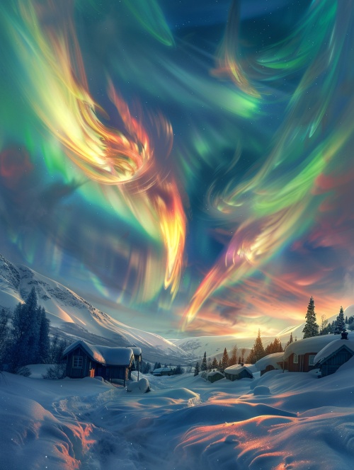 绚烂极光In winter, the colorful auroras and nebulae in the sky take on a flowing shape, resembling angel wings in a rainbow sky. The snow covered houses in the distance are faintly visible, shimmering with golden light in the early morning sunlight. Wide angle, high-definition, ultra-high definition, 8k, CG rendering,HD ar 3:4 v 6.0#浪漫生活的记录者 #我和AI有话说 #驯服AI #人工智能艺术 #AI画图 #艺术欣赏 #艺术作品 #艺术家 #每日艺术分享 #风景 #灵感 #midjourney #midjourney关键词 #midjourney学习 #midjourney咒语 #midjourney练习 #Ai绘画 #极光