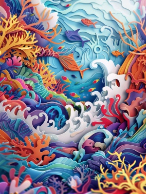 3D剪纸系列3d papercuts A wonderful underwater world, where various marine creatures live, in the style of surrealistic cartoons, detailed shading, realistic landscapes with soft, tonal colors, swirling vortexes traditional, vibrant ar 3:4 style raw#AI绘画有点东西 #纸雕 #图案纹样设计 #图形 #图形设计 #艺术作品 #艺术欣赏 #文创设计 #创意 #艺术 #灵感 #midjourney #midjourney关键词 #midjourney学习 #midjourney咒语 #midjourney练习 #儿童绘本推荐 #绘本 #幼儿绘本 #艺术欣赏
