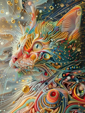 奇幻小猫a meticulously crafted portrayal of a fantasy cat adorned in vibrant Lemon Green, Cherry Red, and Sky Blue hues. Quantum dots dance across its fur, mirroring energy levels through swirling cosmic gold patterns. The composition includes elements like pearly dewdrops, refraction diffraction, ferrofluid dynamics, asymmetrical polyhedra toys, ornate line tracings, and intricate details reminiscent of akashic records. The visual experience is enhanced by the use of octane render, culminating in a mesmerizing