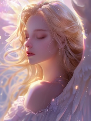 Beautiful angel with white wings, blonde waving hair, eyes closed and a sweet soft smile, in the style of Artgerm, pastel rainbow colours in the gAGEDA style, glitter and sparkles, pastels, soft lighting, pastel ethereal background, delicate, dreamy atmosphere, detailed, closeup portrait, cute