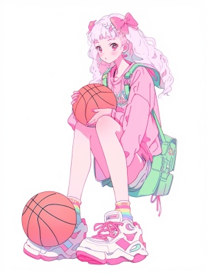 近景，一个粉色头发可爱的穿着连衣裙的少女脚边有颗篮球