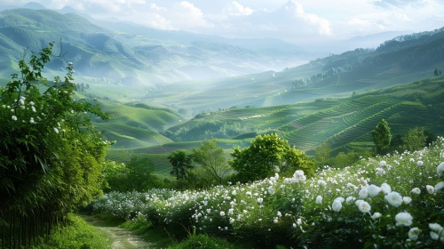 春天，睛天，青山，层层叠叠的土地，山沟，小山坡上只有一间小院子，地上有白色的玫瑰花