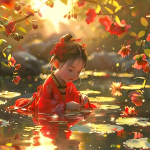 一个可爱的，红色衣服的4岁女宝宝，背景有花有水，整体画面阳光可爱，画面温馨，动漫形式体现