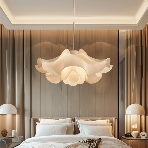 一个白色树脂材料吊灯，伞盖造型，简单大气，造型简洁，表面浮雕，中间灯泡发光，发出柔和的光线，突显雕刻的细节，背景是卧室，高分辨率，高品质图片