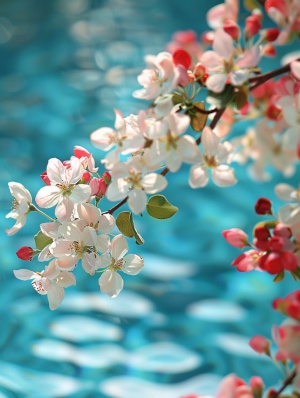 唯美海棠花在清晨的池畔绽放